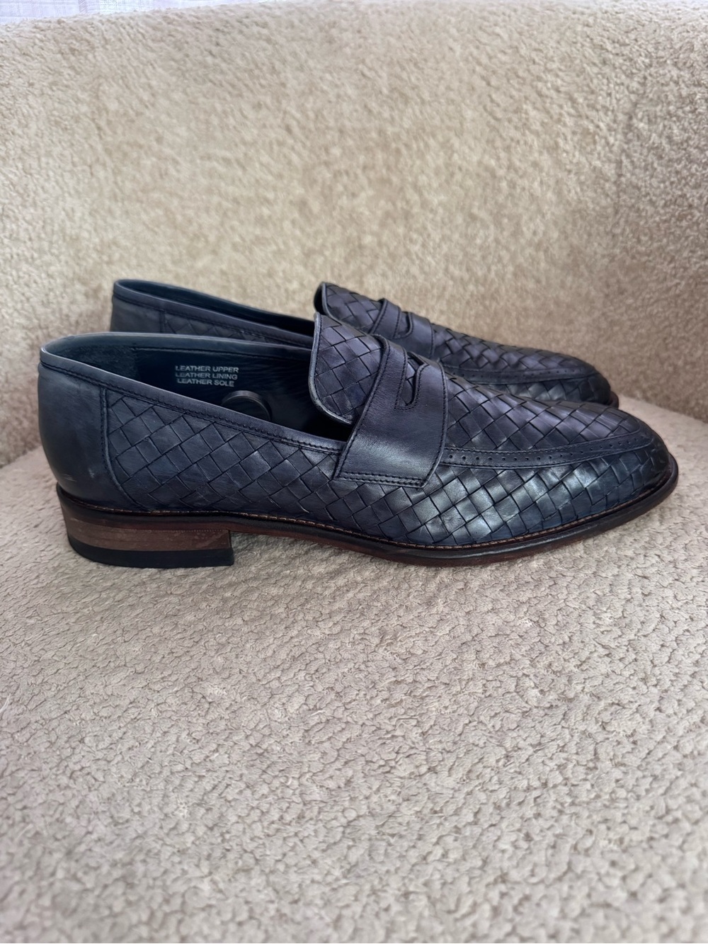 Paul Fredrick Navy Blue Woven Leather Penny Loafers Made In Italy Men’s 12